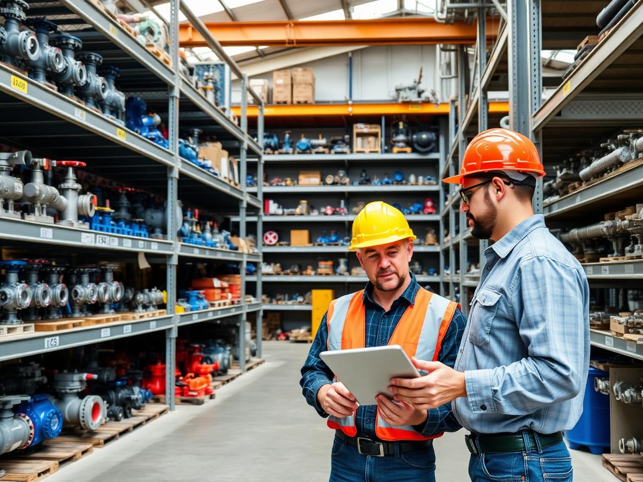 Personal técnico revisando inventario de válvulas y equipos en un almacén industrial