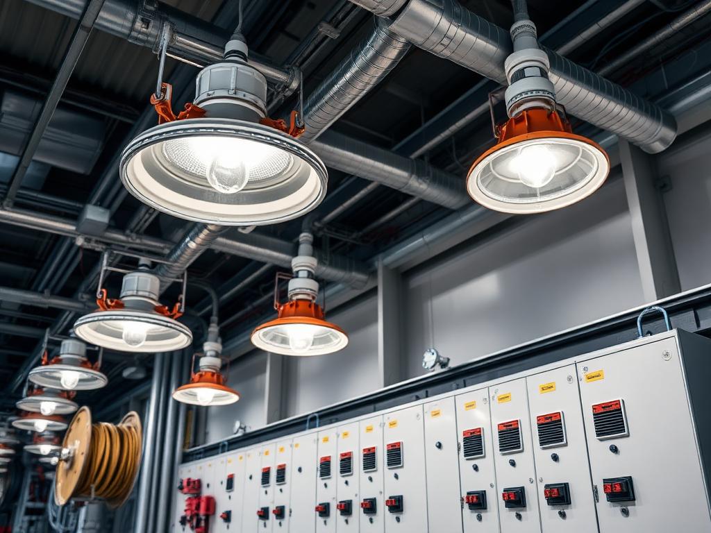 Luminarias industriales y tableros eléctricos en una planta