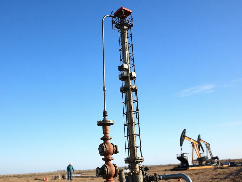Cabezal de pozo con válvulas en un campo de producción petrolera