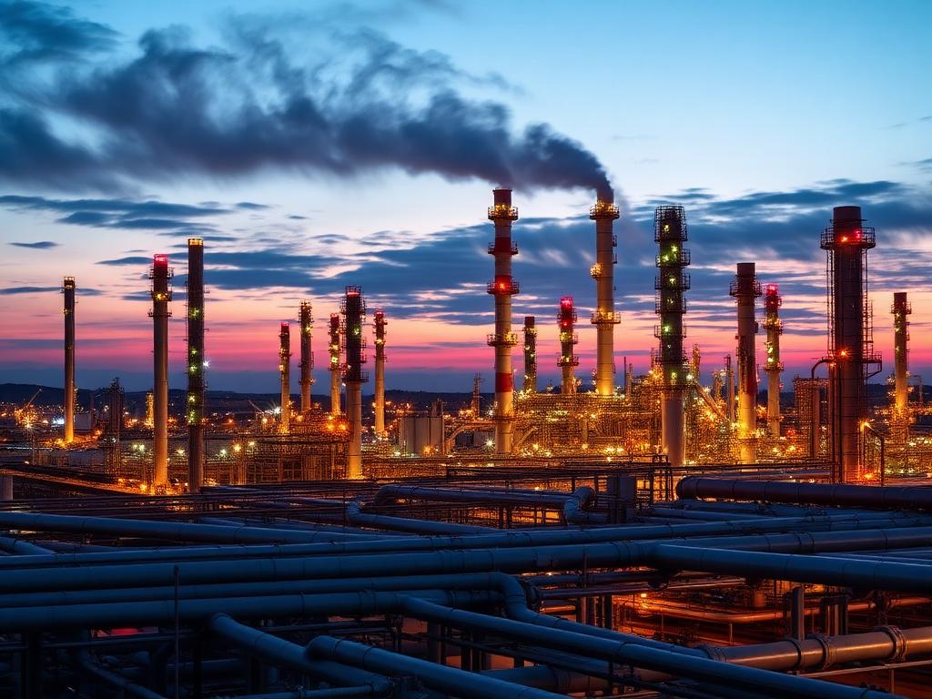 Planta petroquímica iluminada al atardecer con torres de destilación