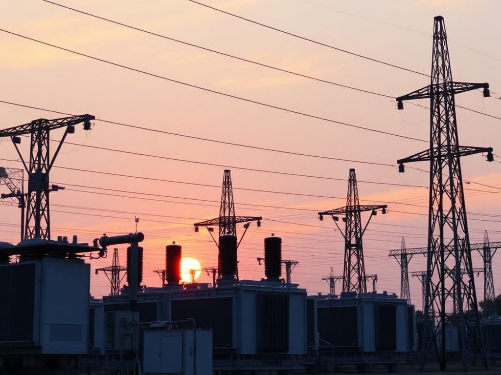 Subestación eléctrica con transformadores y torres de transmisión al amanecer